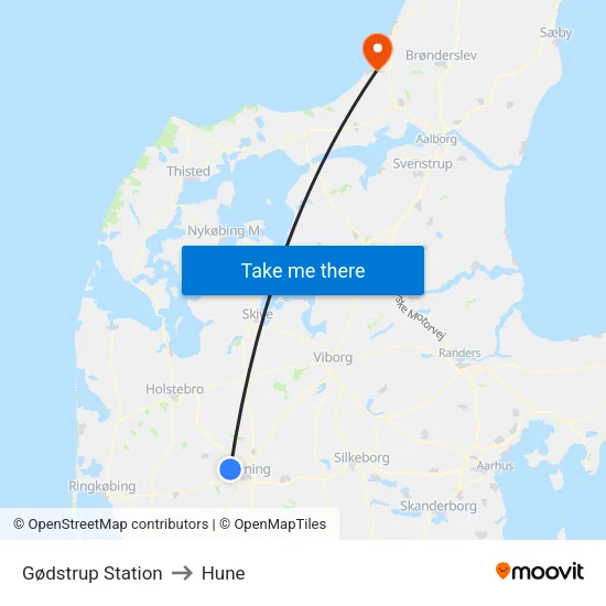 Gødstrup Station to Hune map