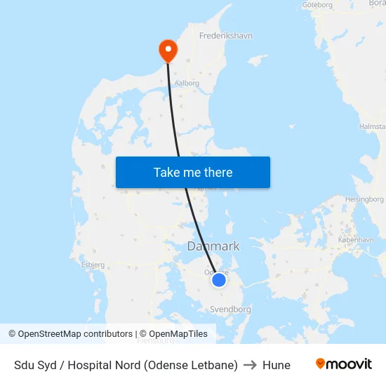 Sdu Syd / Hospital Nord (Odense Letbane) to Hune map