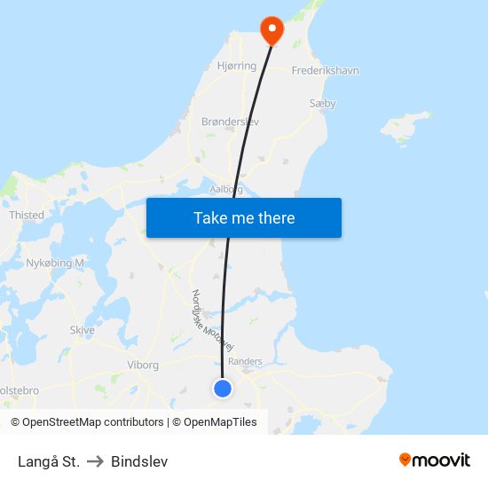 Langå St. to Bindslev map