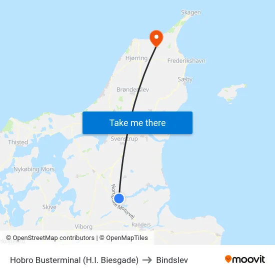 Hobro Busterminal (H.I. Biesgade) to Bindslev map