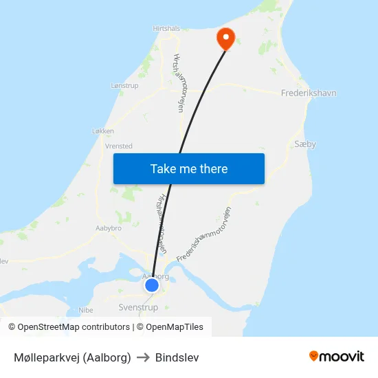 Mølleparkvej (Aalborg) to Bindslev map