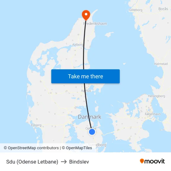 Sdu (Odense Letbane) to Bindslev map