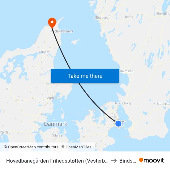 Hovedbanegården Frihedsstøtten (Vesterbrogade) to Bindslev map