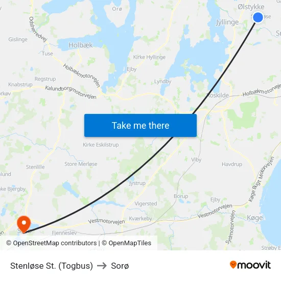 Stenløse St. (Togbus) to Sorø map