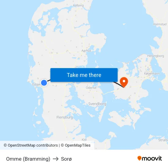 Omme (Bramming) to Sorø map