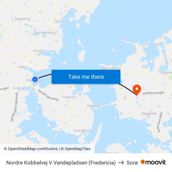 Nordre Kobbelvej V Vendepladsen (Fredericia) to Sorø map