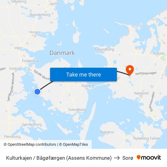 Kulturkajen / Bågøfærgen (Assens Kommune) to Sorø map