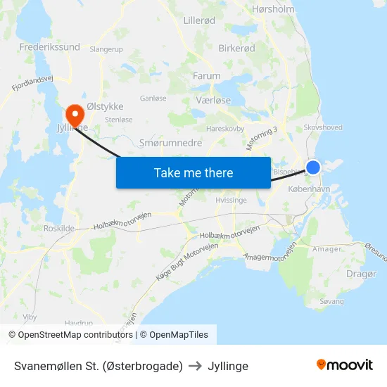 Svanemøllen St. (Østerbrogade) to Jyllinge map