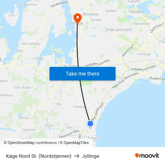 Køge Nord St. (Nordstjernen) to Jyllinge map