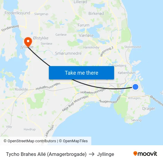 Tycho Brahes Allé (Amagerbrogade) to Jyllinge map