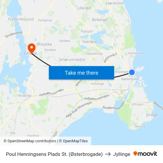 Poul Henningsens Plads St. (Østerbrogade) to Jyllinge map