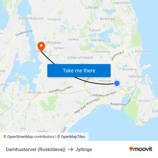 Damhustorvet (Roskildevej) to Jyllinge map