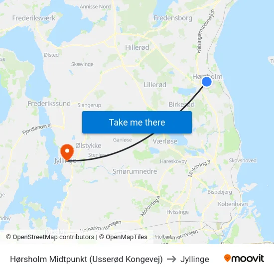 Hørsholm Midtpunkt (Usserød Kongevej) to Jyllinge map