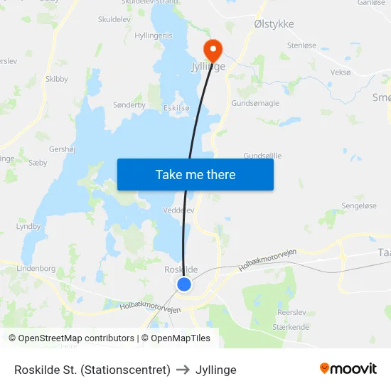 Roskilde St. (Stationscentret) to Jyllinge map
