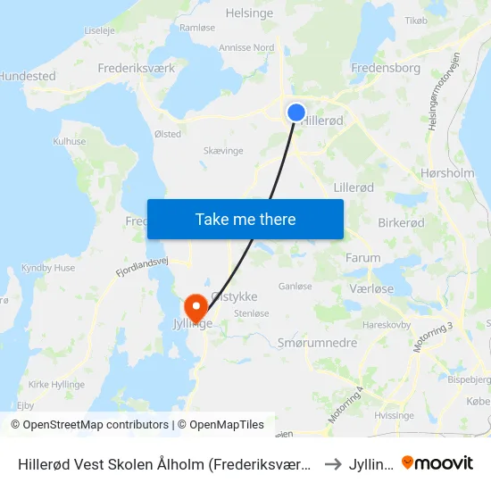 Hillerød Vest Skolen Ålholm (Frederiksværksgade) to Jyllinge map