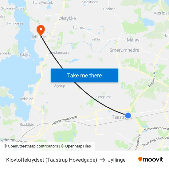 Klovtoftekrydset (Taastrup Hovedgade) to Jyllinge map