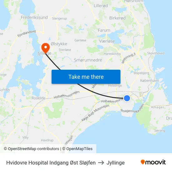 Hvidovre Hospital Indgang Øst Sløjfen to Jyllinge map
