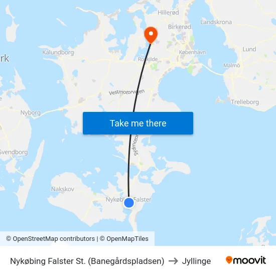 Nykøbing Falster St. (Banegårdspladsen) to Jyllinge map