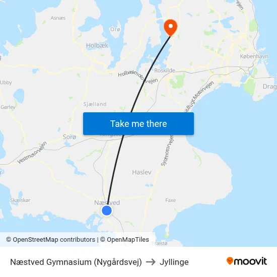 Næstved Gymnasium (Nygårdsvej) to Jyllinge map