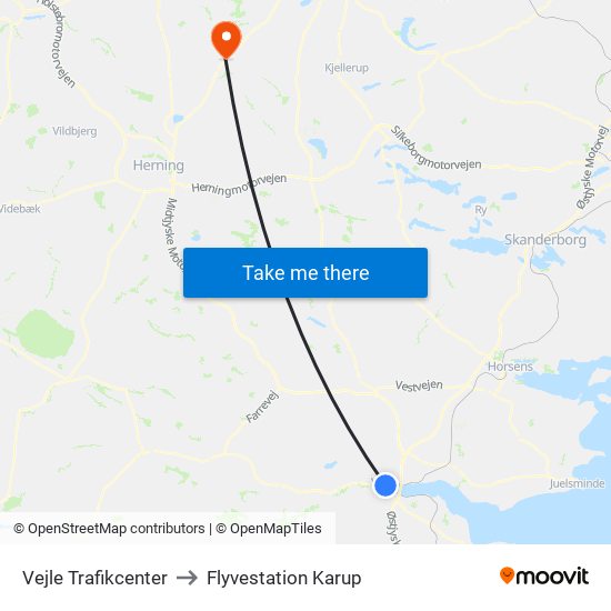 Vejle Trafikcenter to Flyvestation Karup map