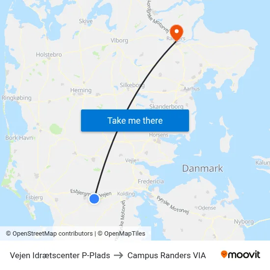Vejen Idrætscenter P-Plads to Campus Randers VIA map