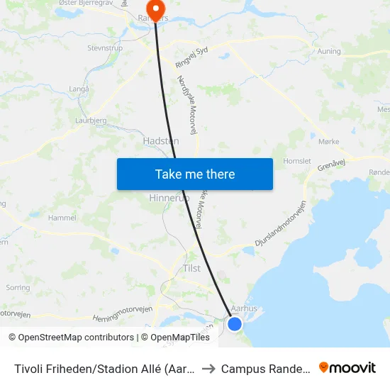 Tivoli Friheden/Stadion Allé (Aarhus Kom) to Campus Randers VIA map