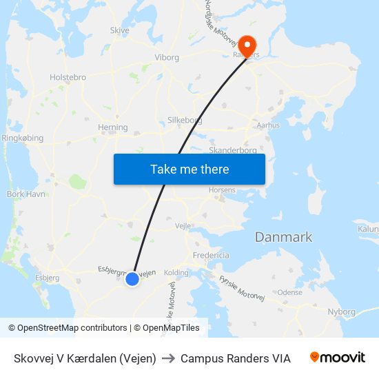 Skovvej V Kærdalen (Vejen) to Campus Randers VIA map