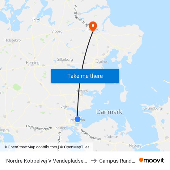 Nordre Kobbelvej V Vendepladsen (Fredericia) to Campus Randers VIA map