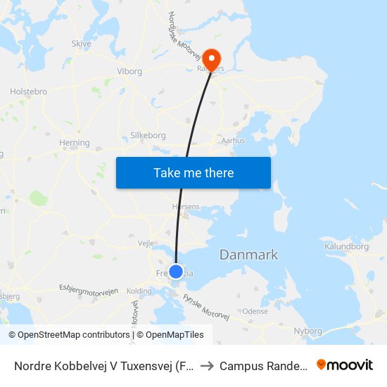 Nordre Kobbelvej V Tuxensvej (Fredericia) to Campus Randers VIA map