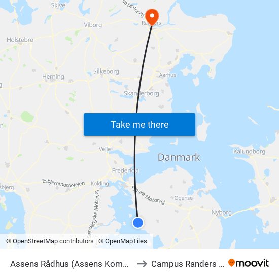 Assens Rådhus (Assens Kommune) to Campus Randers VIA map