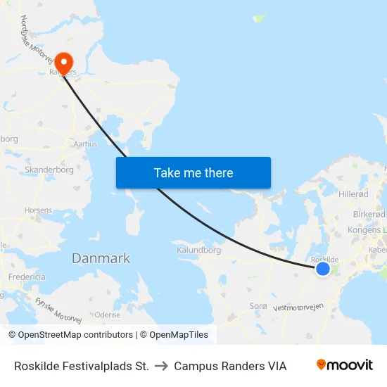 Roskilde Festivalplads St. to Campus Randers VIA map