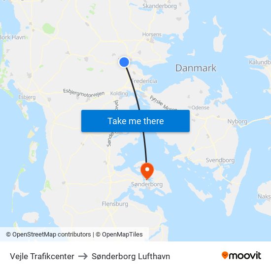 Vejle Trafikcenter to Sønderborg Lufthavn map