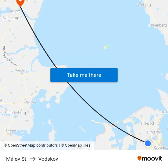 Måløv St. to Vodskov map