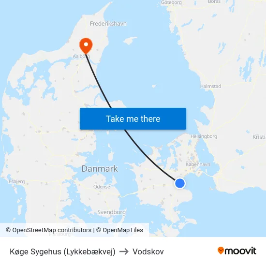 Køge Sygehus (Lykkebækvej) to Vodskov map