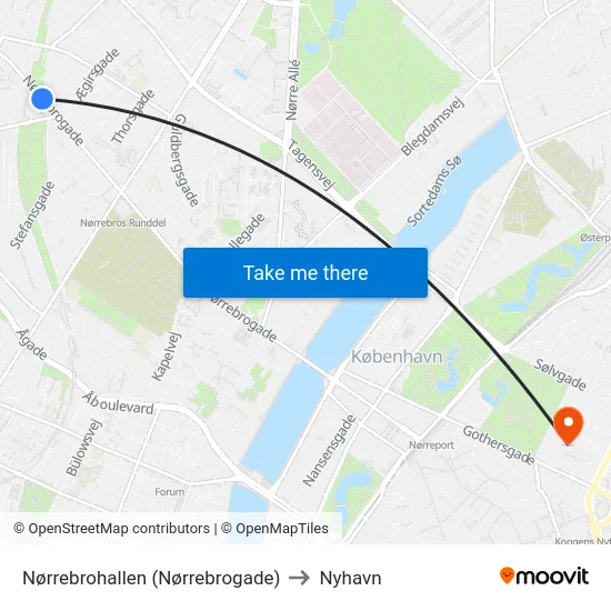 Nørrebrohallen (Nørrebrogade) to Nyhavn map