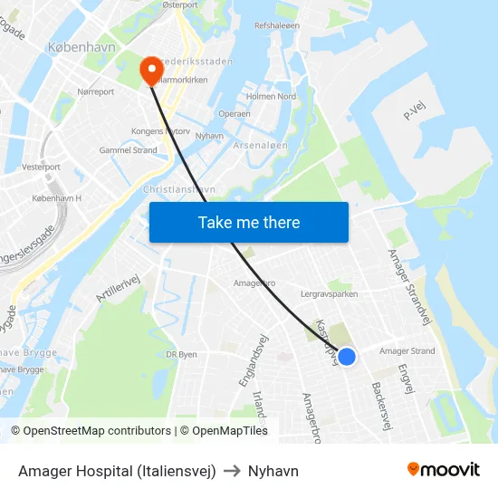 Amager Hospital (Italiensvej) to Nyhavn map