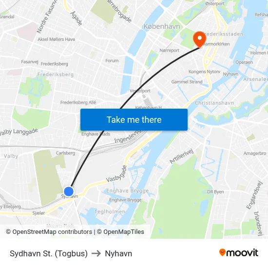 Sydhavn St. (Togbus) to Nyhavn map