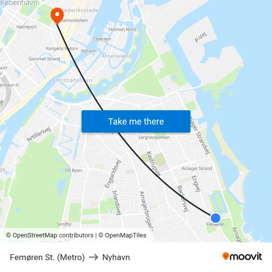 Femøren St. (Metro) to Nyhavn map