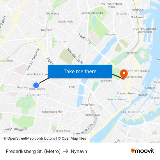 Frederiksberg St. (Metro) to Nyhavn map