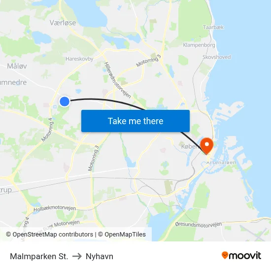 Malmparken St. to Nyhavn map