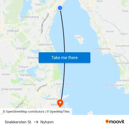 Snekkersten St. to Nyhavn map