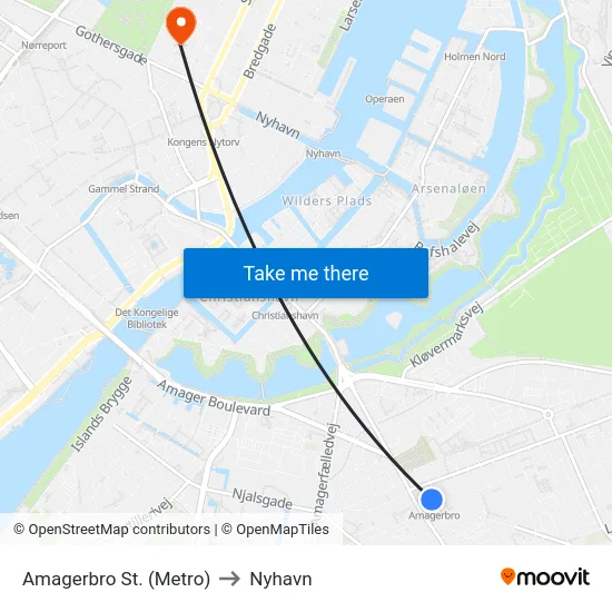 Amagerbro St. (Metro) to Nyhavn map