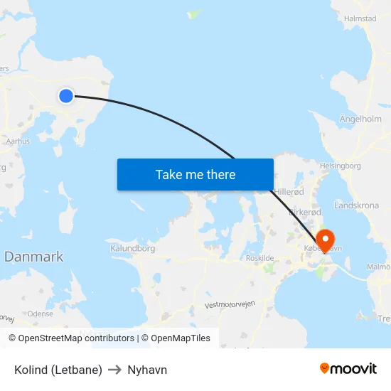 Kolind (Letbane) to Nyhavn map
