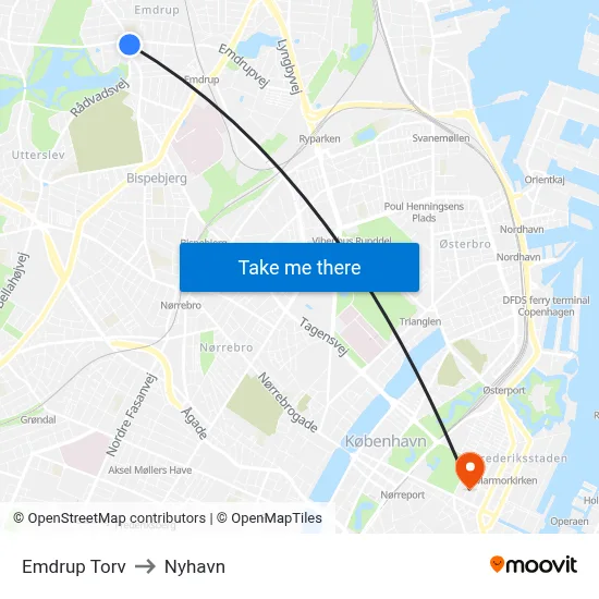 Emdrup Torv to Nyhavn map