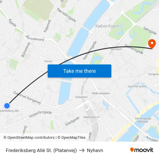 Frederiksberg Allé St. (Platanvej) to Nyhavn map
