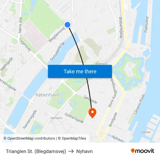 Trianglen St. (Blegdamsvej) to Nyhavn map