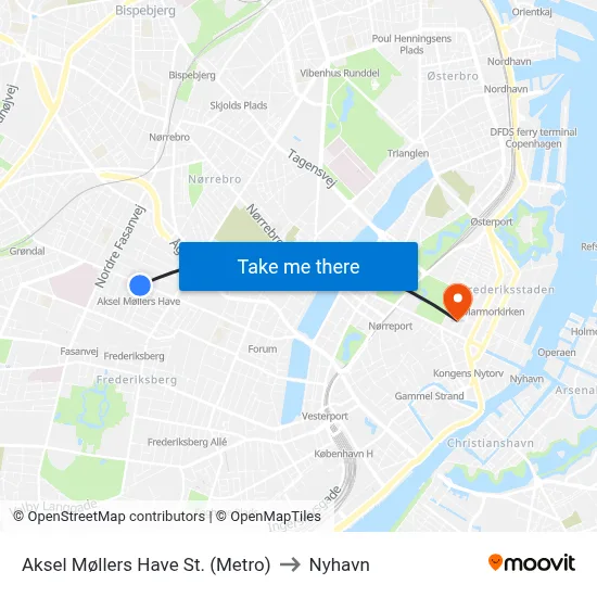 Aksel Møllers Have St. (Metro) to Nyhavn map