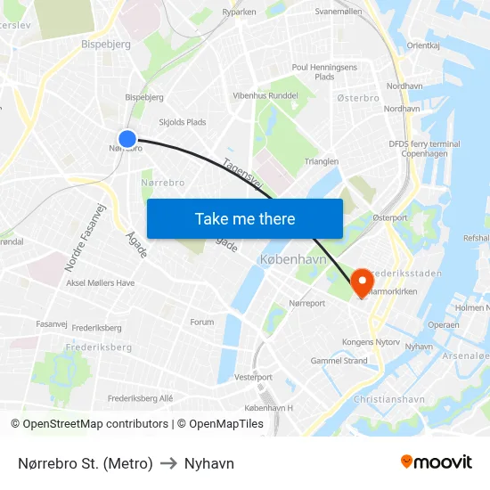 Nørrebro St. (Metro) to Nyhavn map