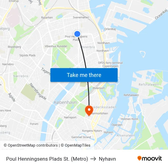 Poul Henningsens Plads St. (Metro) to Nyhavn map