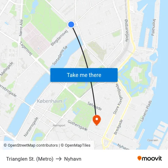 Trianglen St. (Metro) to Nyhavn map